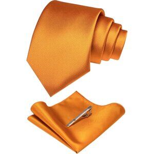 Men's Pumpkin Orange Colour Formal Necktie and Pocket Square Tie Clip Sets